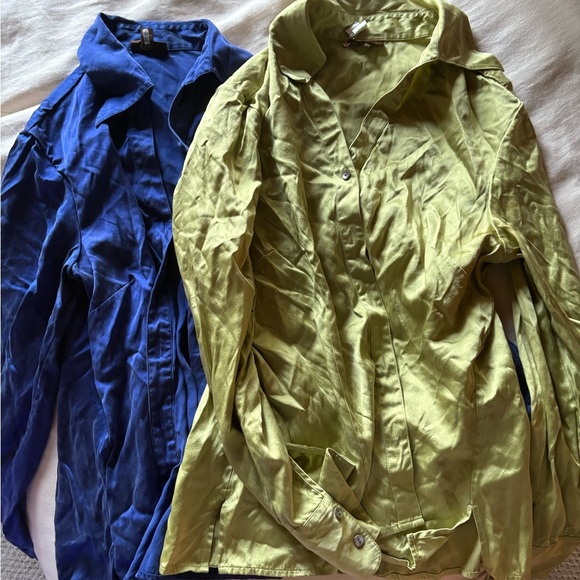 Tesori 100% Silk Olive & Blue Shirts - Picture 1 of 5